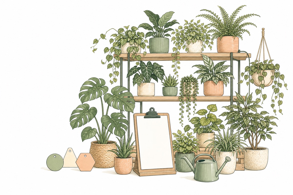 Original editorial illustration of a calm plant shop with labeled orders and leafy displays